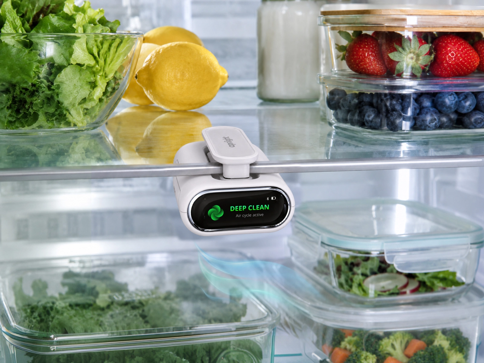 APRILIGHT mounted to a refrigerator shelf beside fresh food