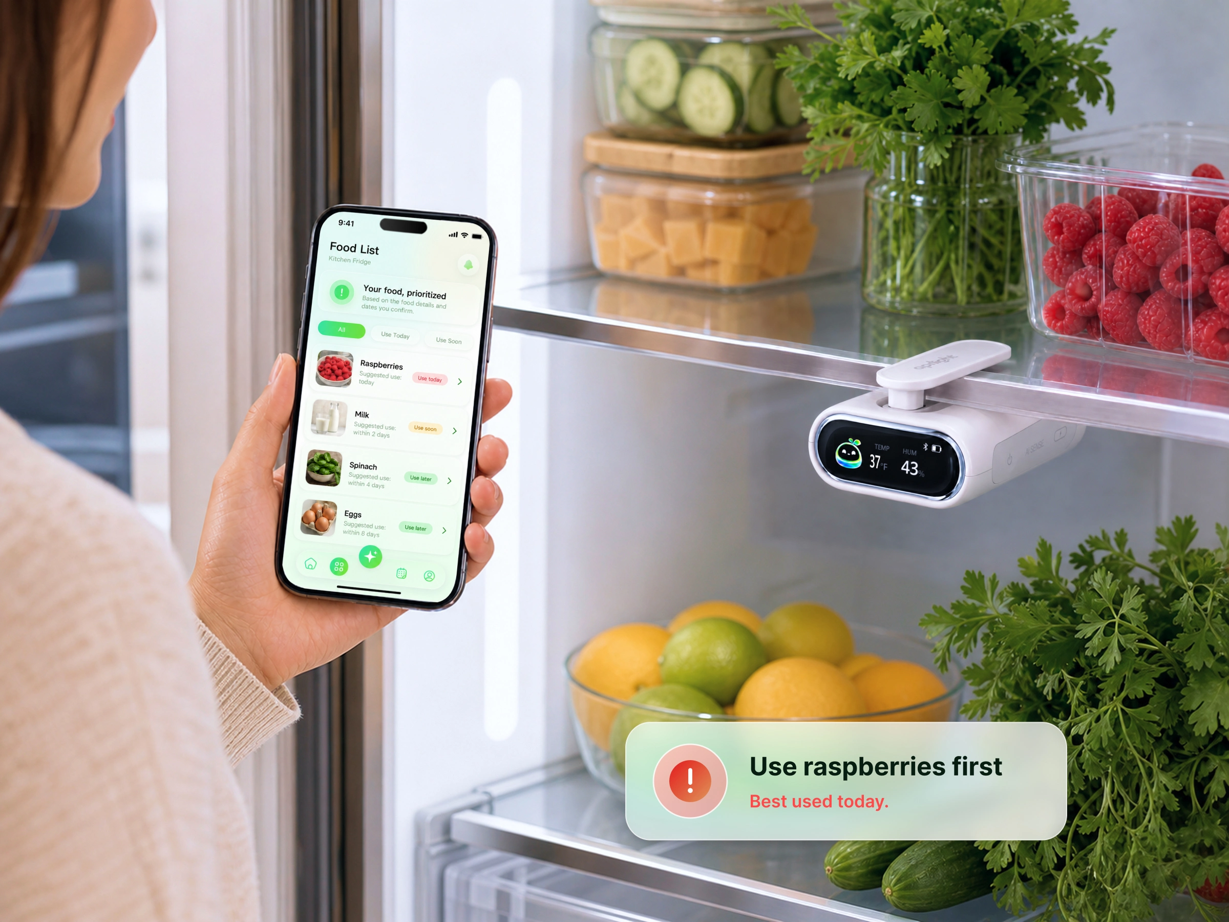 APRILIGHT in a refrigerator beside its companion mobile app